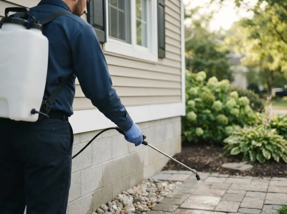 Pest control technician inspecting a home in Livingston, IL